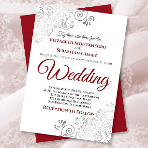 Silver Frills Red & Grey on White Wedding Invitation
