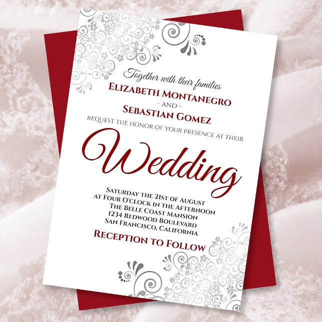 Silver Frills Red & Grey on White Wedding Invitation (Creator Uploaded)
