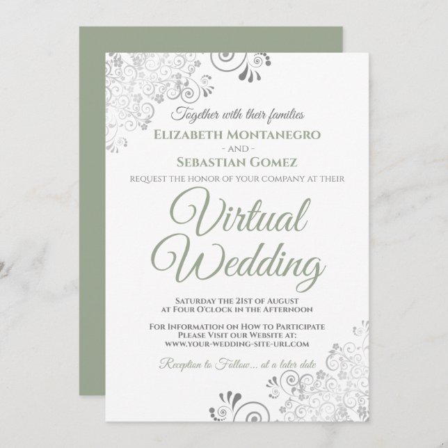 Silver Frills Sage Green & White Virtual Wedding Invitation (Front/Back)