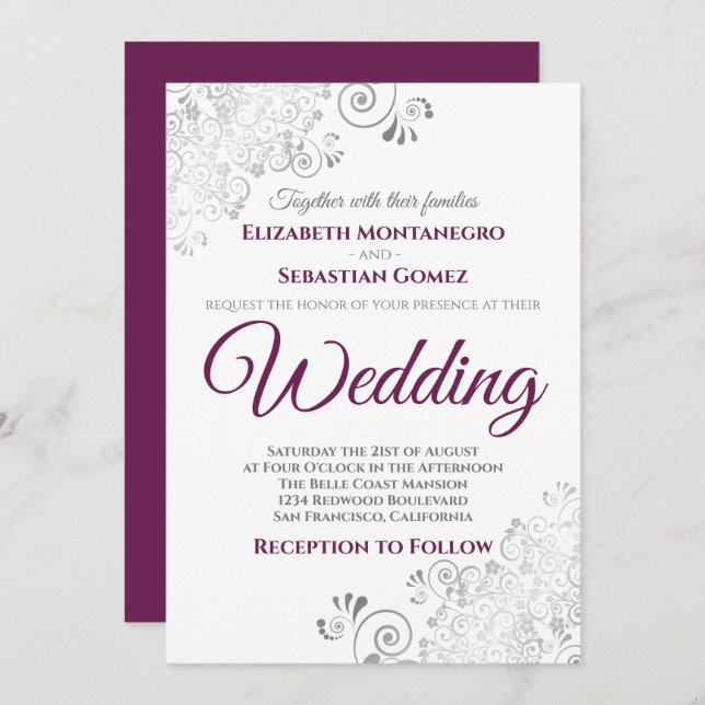 Silver Frills Simple Chic Cassis & Grey Wedding Invitation (Front/Back)