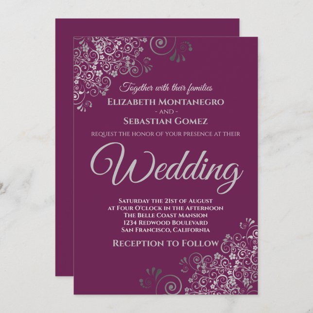 Silver Frills Simple Chic Cassis Purple Wedding Invitation (Front/Back)