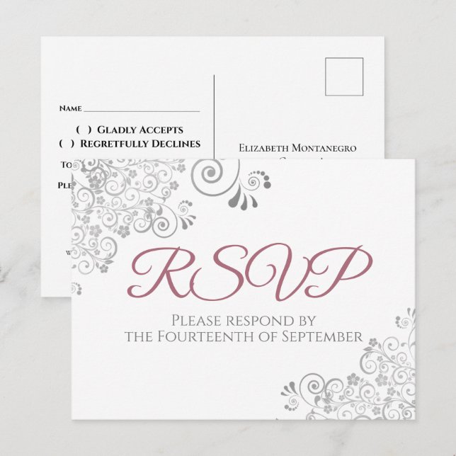 Silver Frills Simple Chic Dusty Rose Wedding RSVP Postcard (Front/Back)