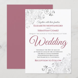 Silver Frills Simple Chic Dusty Rose White Wedding Invitation
