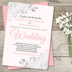 Silver Frills Simple Chic Pink and Grey Wedding Invitation