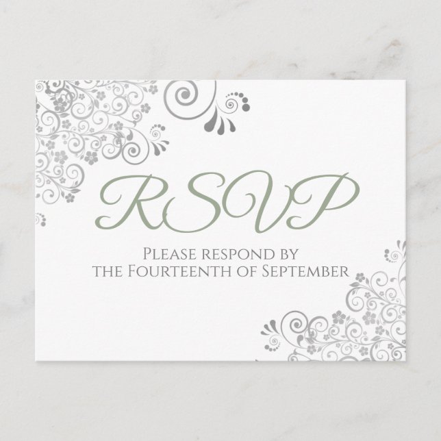 Silver Frills Simple Chic Sage Green Wedding RSVP Postcard (Front)