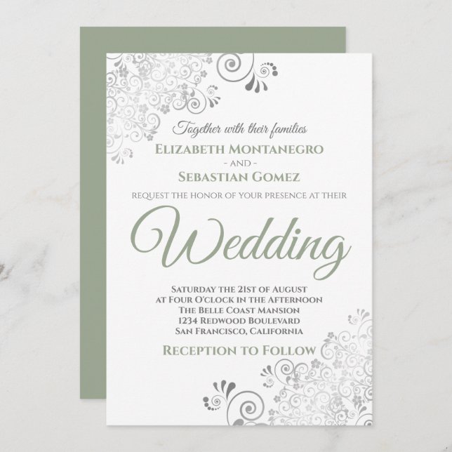 Silver Frills Simple Chic Sage Green White Wedding Invitation (Front/Back)
