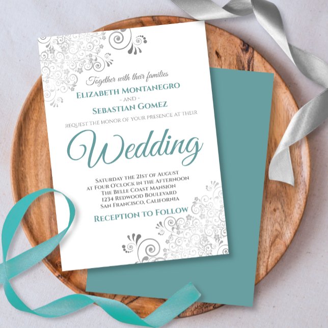 Silver Frills Simple Chic Teal and Grey Wedding Invitation (Creator Uploaded)