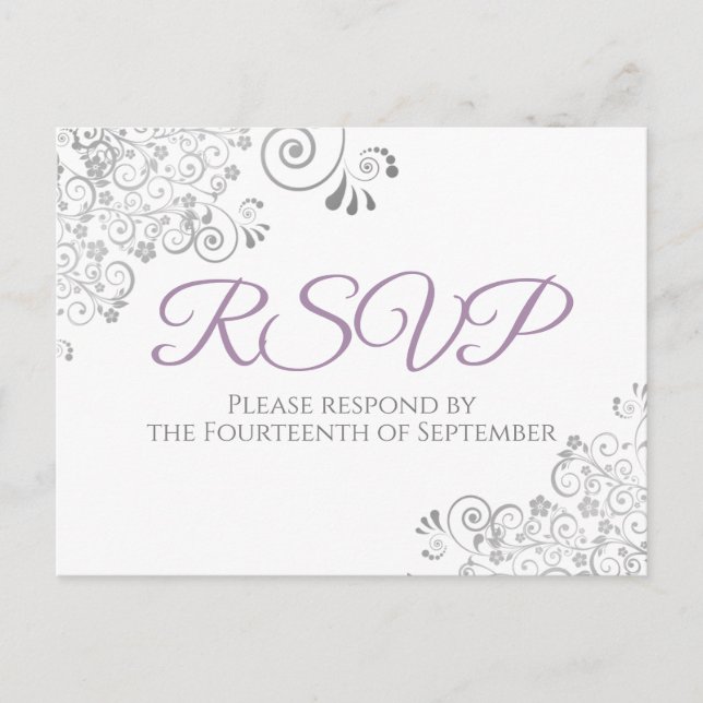 Silver Frills Simple Elegant Purple Wedding RSVP Postcard (Front)