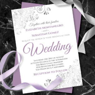 Silver Frills Simple Purple Grey & White Wedding Invitation