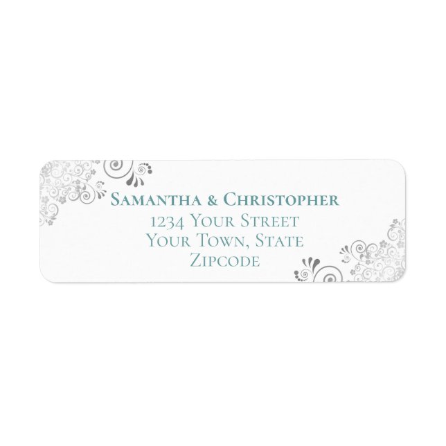 Silver Frills Teal on White Wedding Return Address (Front)