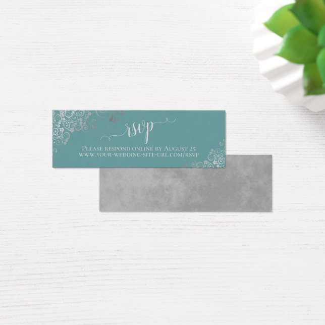 Silver Frills Teal Wedding RSVP Online Card (Desk)