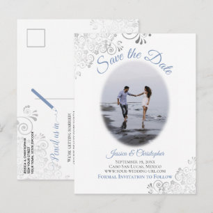 Silver Frills w/ Photo Blue Wedding Save the Date Announcement Postcard