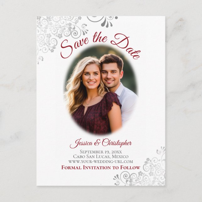 Silver Frills w/ Photo Red Wedding Save the Date Announcement Postcard (Front)