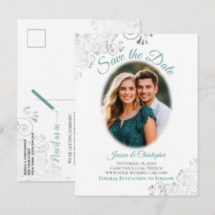 Silver Frills w/ Photo Teal Wedding Save the Date Announcement Postcard