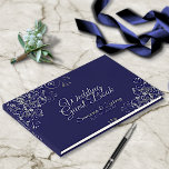 Silver Frilly Filigree Elegant Navy Blue Wedding Guest Book<br><div class="desc">This elegant guest book will serve as a special memento of your wedding day. Designed to coordinate with our Silver & Navy Elegant Wedding Suite,  it features frilly and ornate faux foil silver filigree with gray chic script lettering.</div>