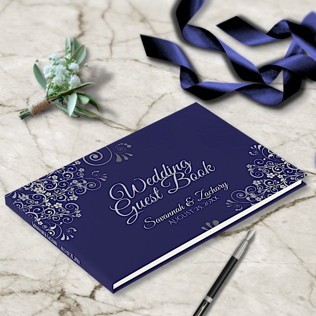 Silver Frilly Filigree Elegant Navy Blue Wedding Guest Book (Creator Uploaded)