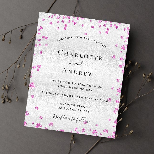Silver fuchsia hearts budget wedding invitation flyer (Creator Uploaded)