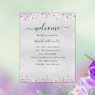 Silver fuchsia pink hearts wedding program