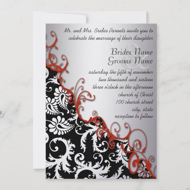 Silver & Fuchsia Vintage Damask Romantic Swirl Invitation (Front)