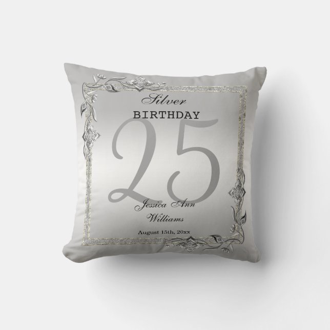 Silver Gem & Glitter 25th Birthday Party Cushion (Front)
