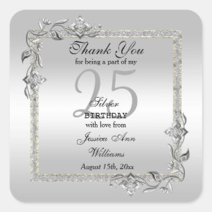 Silver Gem & Glitter 25th Birthday Party Square Sticker
