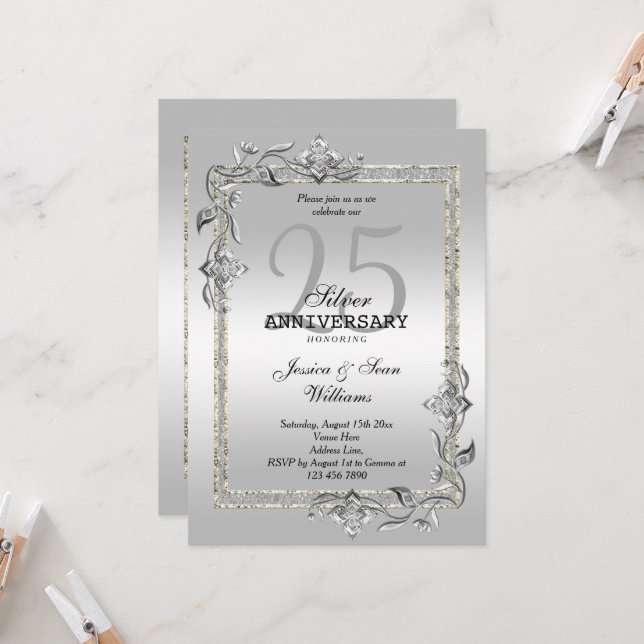 Silver Gem & Glitter 25th Wedding Anniversary Invitation (Front/Back In Situ)