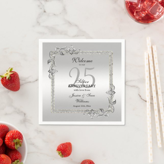 Silver Gem & Glitter 25th Wedding Anniversary Napkin (Insitu)
