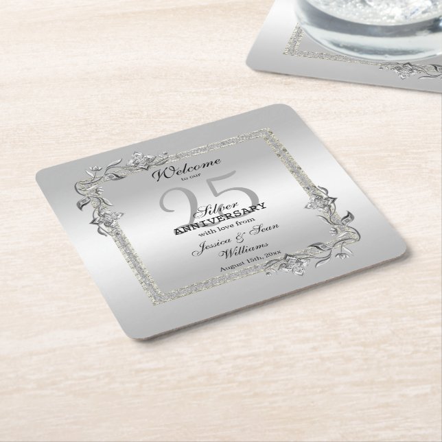 Silver Gem & Glitter 25th Wedding Anniversary Square Paper Coaster (Angled)