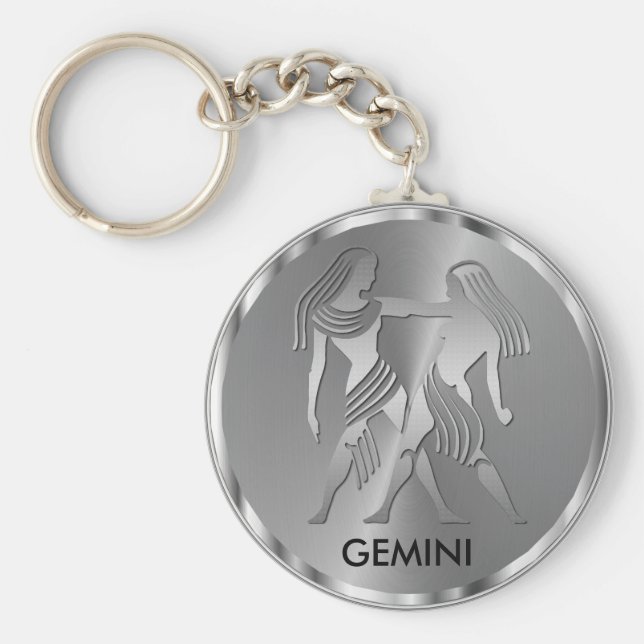 Silver Gemini ♊ the Twins - Zodiac Sign Key Ring (Front)