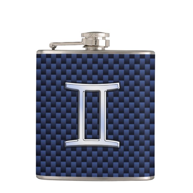 Silver Gemini Zodiac Sign Blue Carbon Fibre Print Hip Flask (Front)
