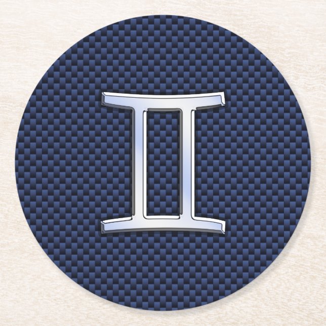 Silver Gemini Zodiac Sign Blue Carbon Fibre Print Round Paper Coaster (Front)