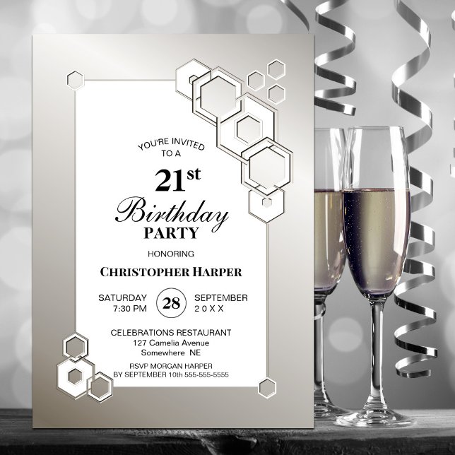 Silver Geometric 21st Birthday Party Invitation (Creator Uploaded)