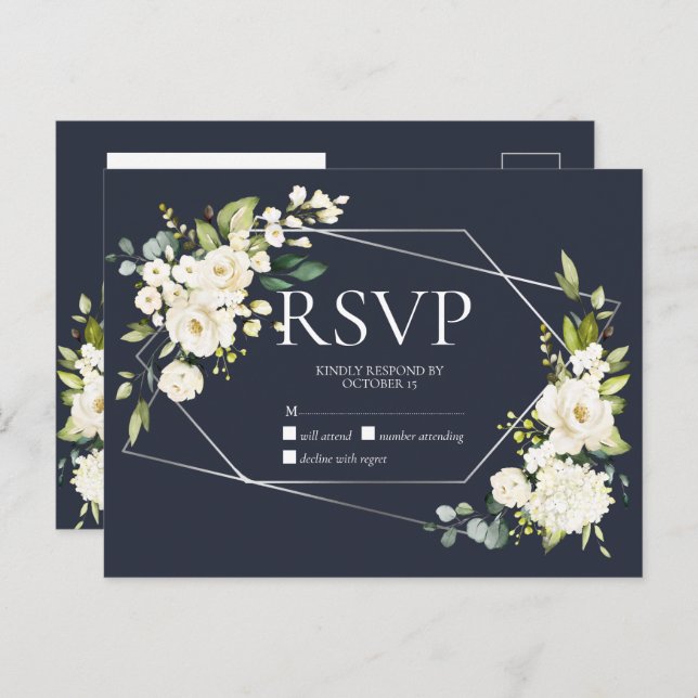 Silver Geometric Blue White Floral No Menu RSVP (Front/Back)