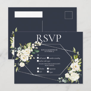 Silver Geometric Blue White Floral RSVP Invitation Postcard
