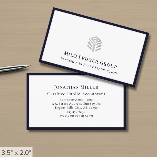 Silver Geometric Logo Navy Blue Border Business Card (Creator Uploaded)
