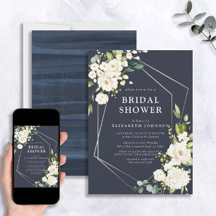 Silver Geometric Navy Blue White Floral Shower Invitation