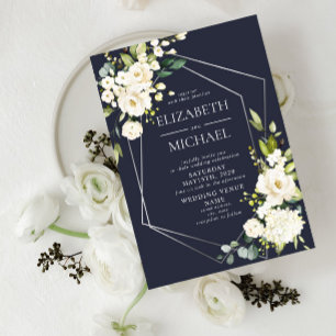 Silver Geometric Navy Blue White Floral  Wedding Invitation