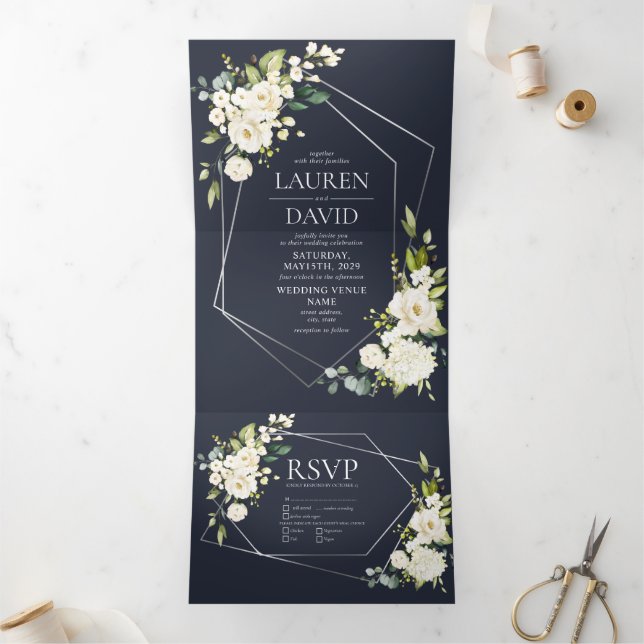 Silver Geometric Navy Blue White Floral  Wedding Tri-Fold Invitation (Inside)
