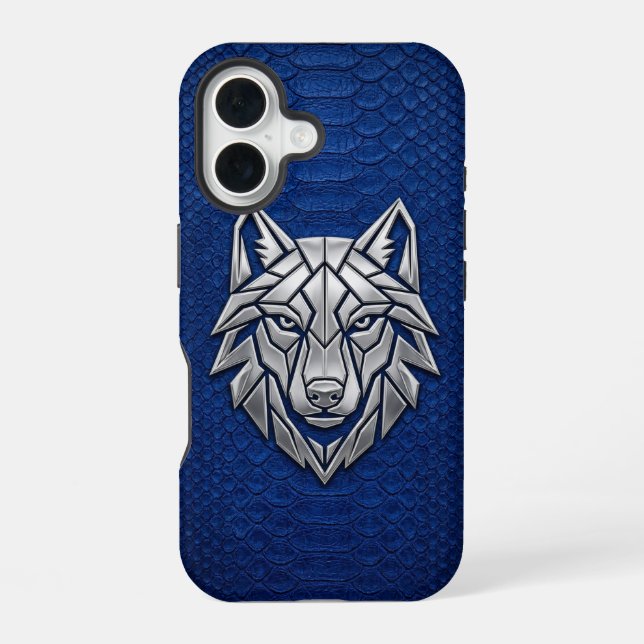 Silver Geometric Wolf Blue Snakeskin iPhone 16 Case (Back)