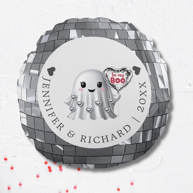 Silver Ghost Valentine's Balloon Design Pattern Round Cushion (Custom Silver Disco Valentine's Day Round Pillow)