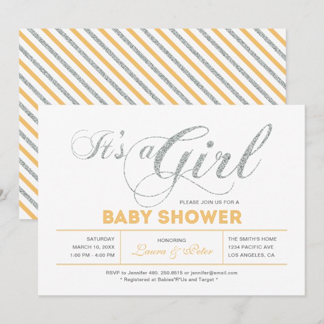 Silver | Girl, Modern Typography Baby Shower Invitation (Front/Back)