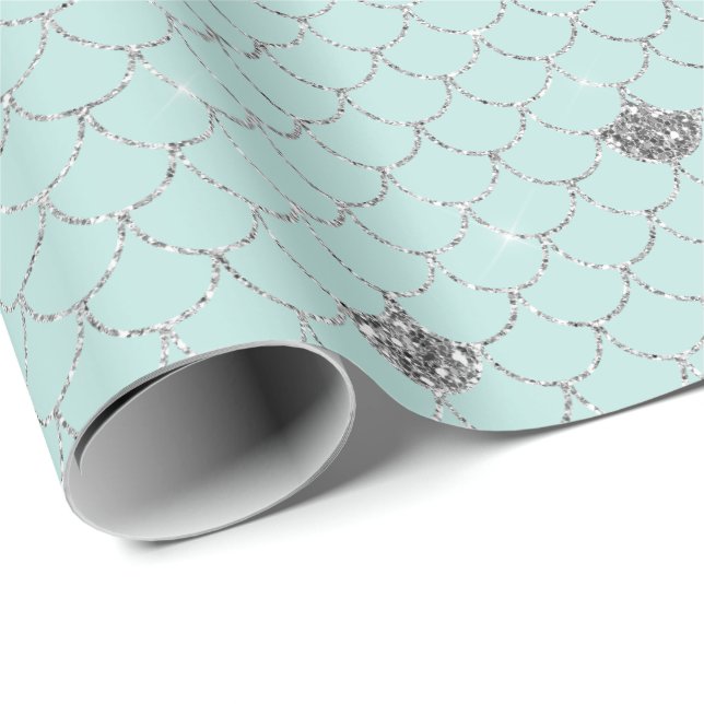 Silver Girly Mint Glitter Mermaid Sparkle Wrapping Paper (Roll Corner)