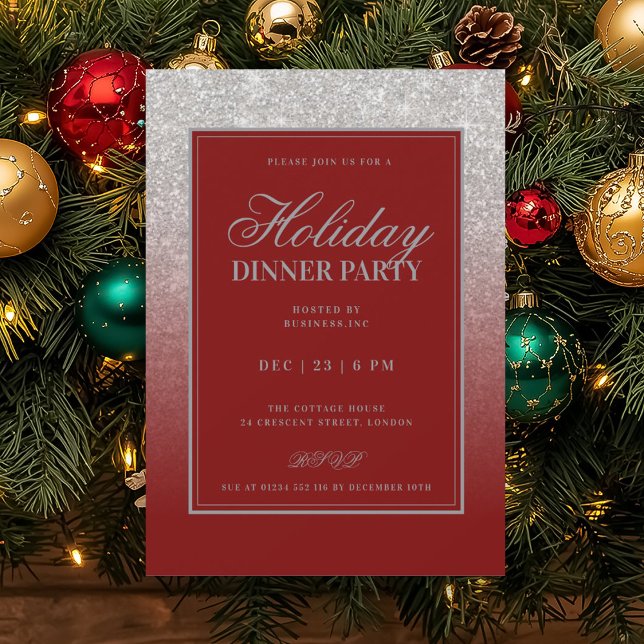 Silver Glam FAUX Glitter Holiday Dinner Red  Invitation (Silver Glam FAUX Glitter Holiday Dinner Red Invitation)