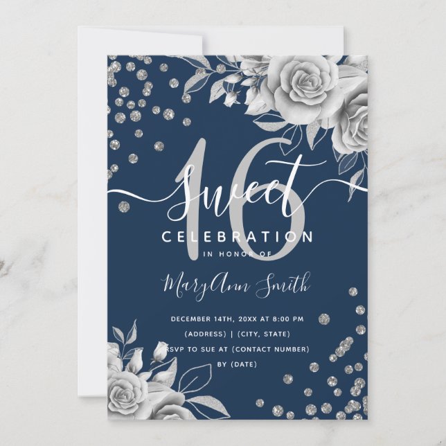 Silver Glam Floral Glitter Sweet Sixteen Navy  Invitation (Front)