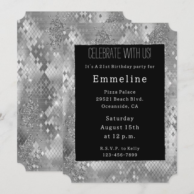 Silver Glam Glitter Snake Skin Invitation (Front/Back)