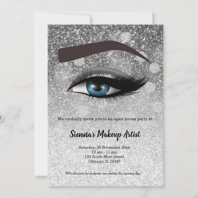Silver glam lashes eyes | makeup artist invitation (Front)