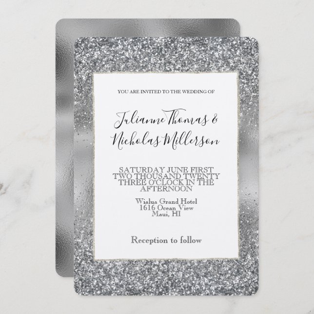 Silver Glam Sparkle Glitz Wedding Invitation (Front/Back)