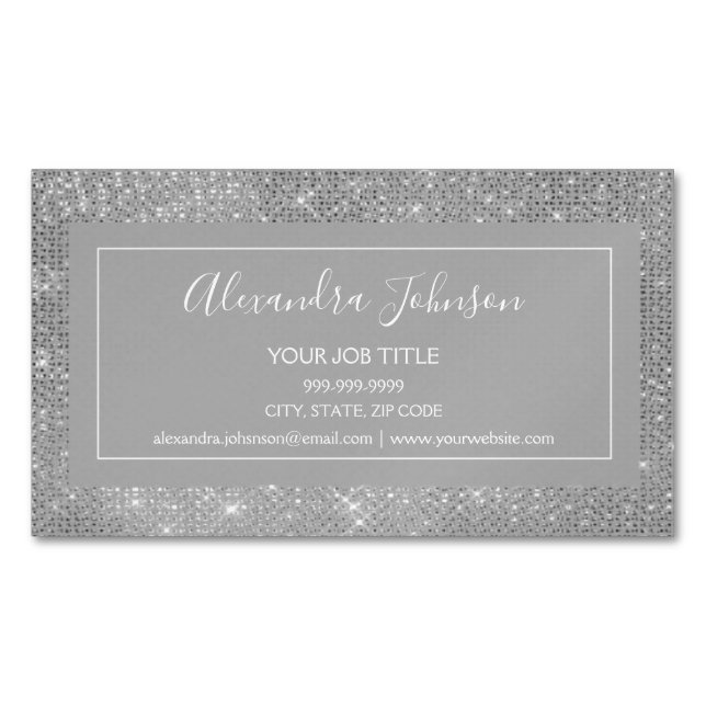 Silver Glam Sparkle Modern and Elegant Magnetic Business Card (Front)