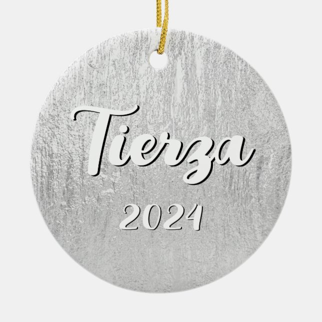Silver Glam Texture Personalised Ceramic Tree Decoration (Front)