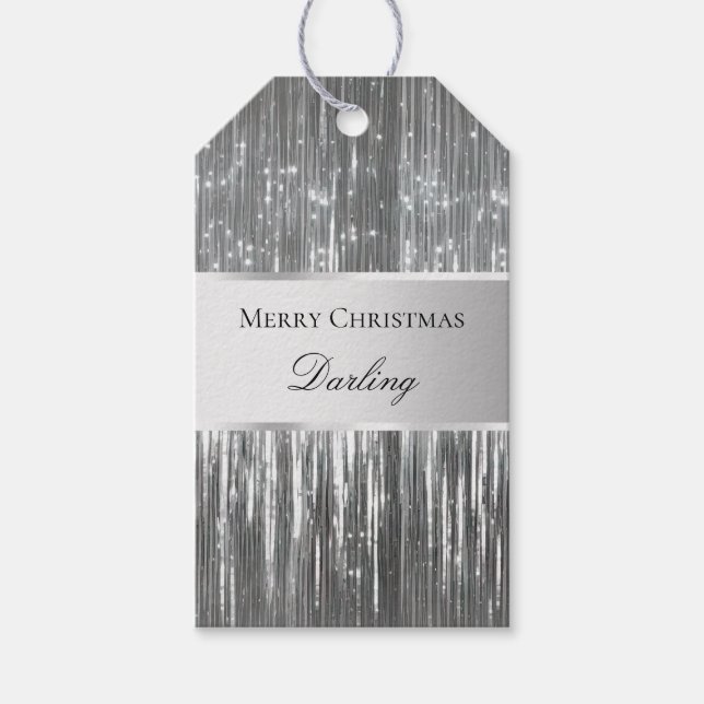 Silver Glam Tinsel Stripes Gift Tags (Front)